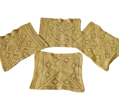 Vintage Crochet Placemats Yellow Handmade Set of 4 Rectangular Knit Boho Cloths - Image 1 of 4