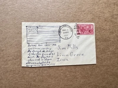 US 1952 FDC +Birth of Our Nation's Flag #1004 +Hand-Drawn Cachet +Unique+1 Known - Image 1 of 2