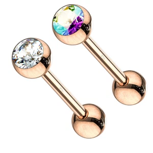 Piercing de barra de lengua con gema de oro rosa 316L de acero quirúrgico 16 mm - Imagen 1 de 3