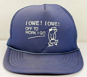 Vintage 1990’s “I Owe! I Owe! Off To Work I Go” Funny Trucker SnapBack Blue Mesh - Picture 1 of 16