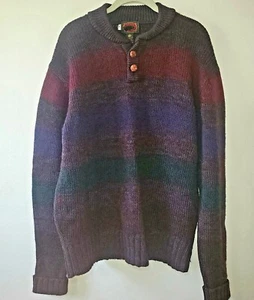 Vintage Boston Traders Pure Wool Sweater Men's L Classic Striped Leather Button - Picture 1 of 8