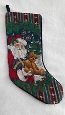 Vtg Wool Needlepoint Blue Velvet Santa/Teddy Bear Gold Stars Christmas Stocking 