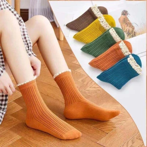 Paquete de 5 calcetines de algodón media pantorrilla deportivos informales clásicos lisos suaves de doble pantorrilla para mujer - Imagen 1 de 16
