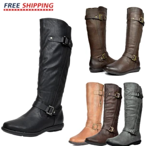 Women Faux Fur-Lined Knee High Winter Boots Flat Heel Side Zipper Riding Boots - Picture 1 of 41