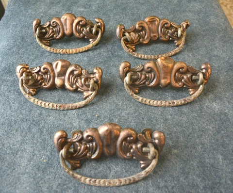 5 ANTIQUE DRESSER DRAWER HARDWARE PRESSED BRASS BACK PLATES IRON PULLS (14) Cover