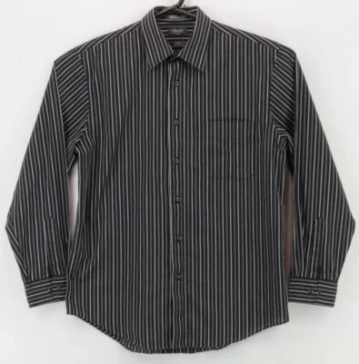 Arrow Mens Button Up LS Collared Classic Fit Shirt Medium Black Gray Striped - Image 1 of 4