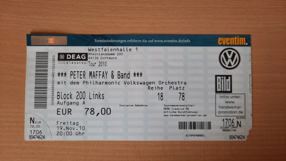Ticket Eintrittskarte Peter Maffay Westfalenhalle Dortmund 19.11.2010 - Bild 1 von 1