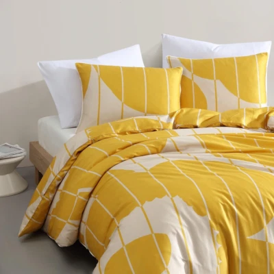 JUEGO DE EDREDÓN FINLANDÉS MODERNO MARIMEKKO "VESI UNIKKO" REINA 3 PIEZAS AMARILLO/BLANCO CÁLIDO NUEVO Foto 1 de 4