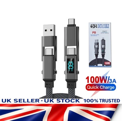 LED Display 100W 3A Flat Braided 1M 2M Multi Charging 4 in 1 USB Fast Charging - Image 1 of 4
