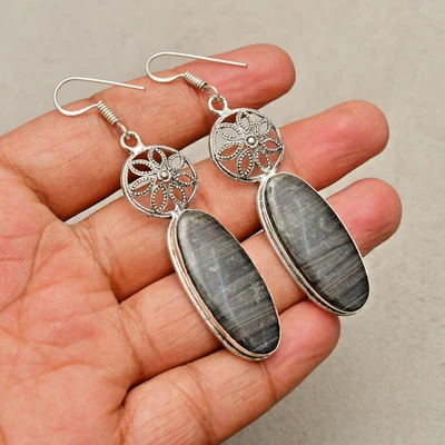 Green Swiss Opal Gemstone Handmade 925 Sterling Silver Jewelry Earrings 2.67" - Image 1 of 4