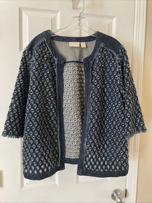 Chicos Women gorgeous blue chain Open Front Jacket Cardigan Sz 2 beautiful - Image 1 of 3