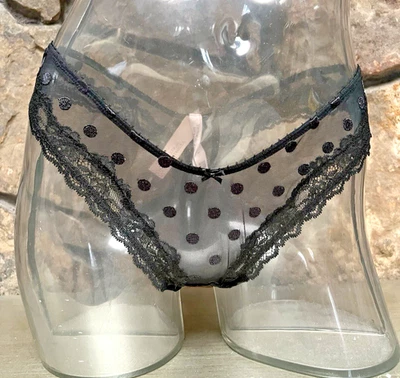 Victoria's Secret Polka Dot Embroidered Mesh THONG Panty Sz M BLACK NWT$18.95 - Image 1 of 3