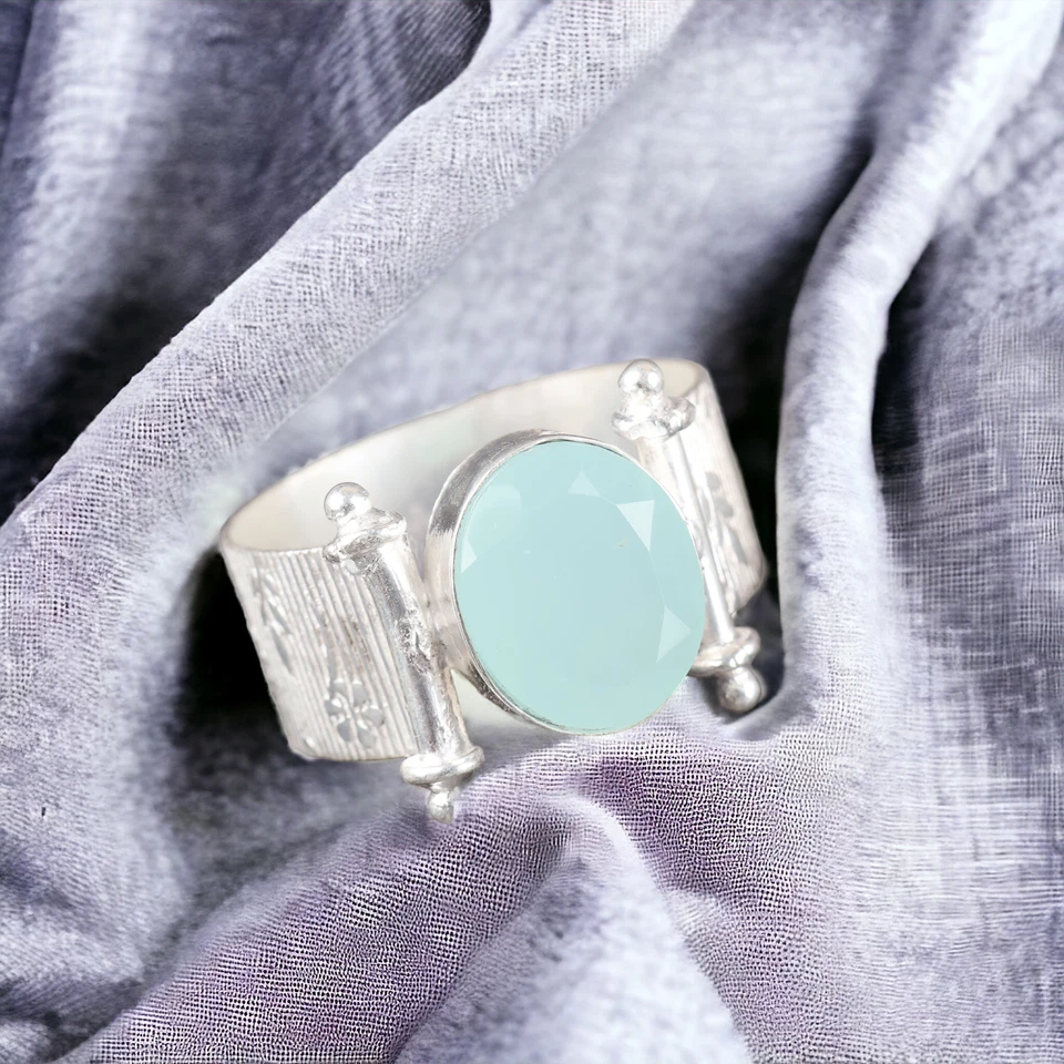 Anel para ela calcedônia aquática anel de pedra preciosa natural anel de prata esterlina 925 - Imagem 1 de 4