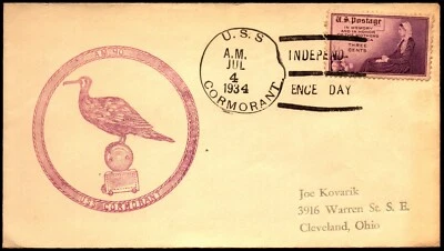 1934 USS Cormorant Navy - Independence Day Cover - L36355 - Image 1 of 2