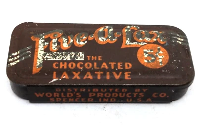 Five-a-lax chocolate laxatives Worlds Products Co Spencer Industries vintage tin - Image 1 of 4
