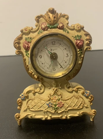 VTG Ornate Decorative Alarm Clock Plastic Running Italian? 4 1/2” Hand Painted Cover