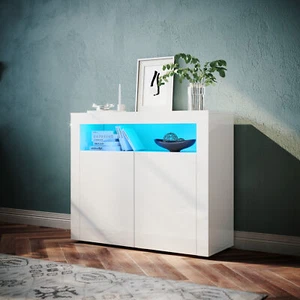 White High Gloss RGB LED Sideboard Living Room Storage 2 Doors Cabinet Cupboard - Picture 1 of 17