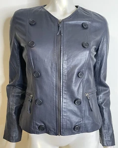 Bod & Christensen Navy Blue Leather Moto Jacket Womens L Retro Pockets - Picture 1 of 9