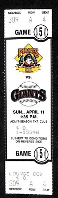 1993 Giants @ Pirates Full Ticket 4/11/93 Three Rivers Stadium 88373 - Image 1 of 2