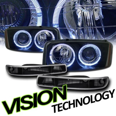 Farol projetor halo preto Am + para-choque de estacionamento jy para 99 00-06 GMC Sierra/Yukon - Imagem 1 de 2