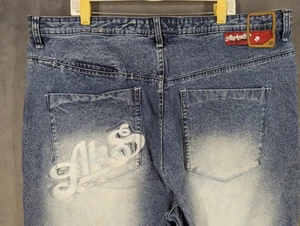 Pantalones de mezclilla Akademiks para hombre talla 44 azul Y2K hip hop desgastados bordados - Imagen 1 de 16