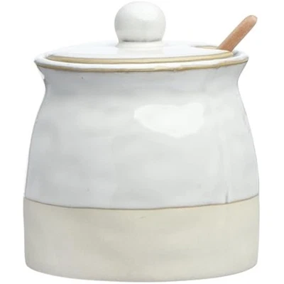 Stoneware sugar pot with lid and wood spoon, white glaze - Image 1 of 4