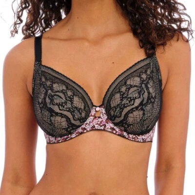 Freya Infinity Fields Bra Size 34E Underwired Plunge Balcony Black Floral 401802 - Image 1 of 4