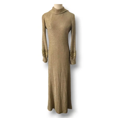Vintage Maxi Sweater Dress Gold Lace Medium Sparkle 70s Glam Mob Wife MOD - Image 1 of 4