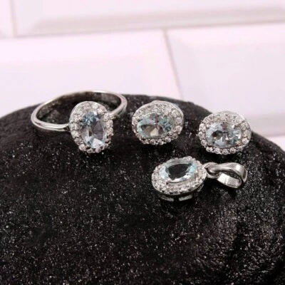 Naturale Acquamarina Taglio Ovale Gemma 925 Argento Sterling Pendant-Studs-Ring - Immagine 1 di 4
