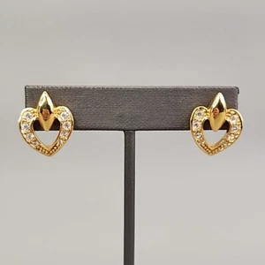 Avon Open Heart Pierced Earrings Clear Rhinestones Gold Tone 3/4" - Picture 1 of 12