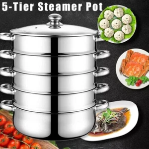 Large 5 Tier Steamer 28cm Stainless Steel Hob Steamer Multi Veg Cooker Pot Set - Picture 1 of 16
