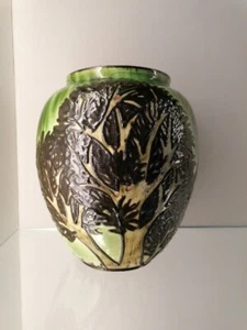 Karlsruher Majolika Max Laeuger Jugendstil große Vase Mod.: 1828 Bäume H 30cm - Picture 1 of 18