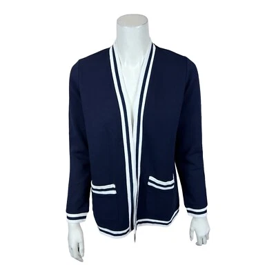 Cárdigan para mujer Isaac Mizrahi tejido piqué con rayas universitarias azul marino talla XX-pequeña Foto 1 de 2