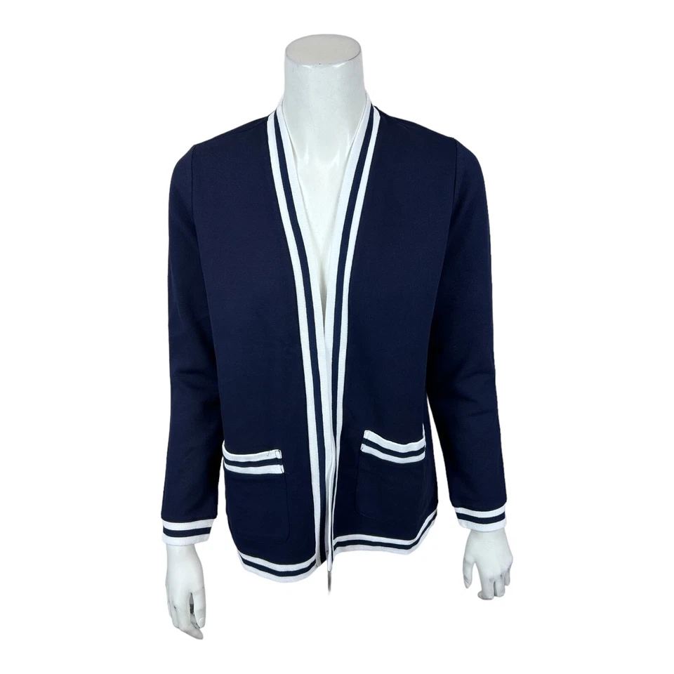 Cárdigan para mujer Isaac Mizrahi tejido piqué con rayas universitarias azul marino talla XX-pequeña Foto 1 de 2