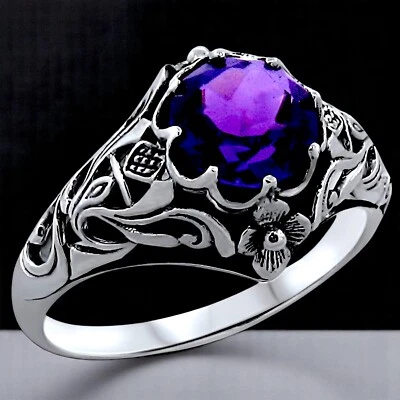 SCOTTISH THISTLE VINTAGE STYLE 925 SILVER 2 Ct LAB-CREATED AMETHYST RING   #356 - Image 1 of 3