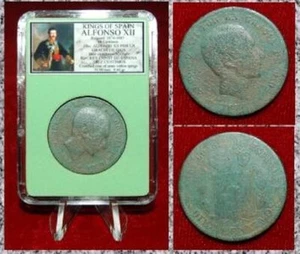 Moneta Re di Spagna Alfonso XII stemma incoronato sul rovescio 10 Centimos - Foto 1 di 4