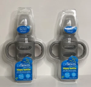 2PK Dr Browns Sippy Bottle 6M+ ~ 8 OZ EA ~ Gray ~ NEW ~ SEALED ~ FREE SHIPPING! - Picture 1 of 2