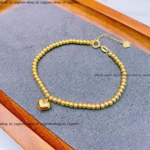 Solid 18K Yellow Gold Pure Au750 Heart Charms Beads Bracelet Bangle 6.3+1.2inch - Picture 1 of 7
