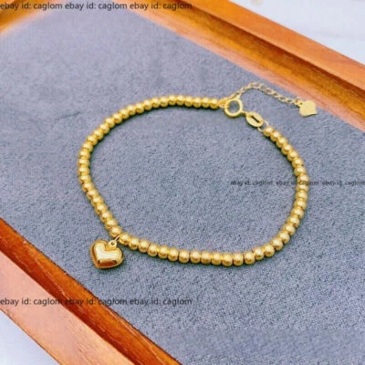 Solid 18K Yellow Gold Pure Au750 Heart Charms Beads Bracelet Bangle 6.3+1.2inch - Image 1 of 4
