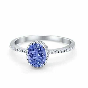 Halo Fashion Oval Ring Simulated Tanzanite CZ Accent 925 Sterling Silver - Picture 1 of 3