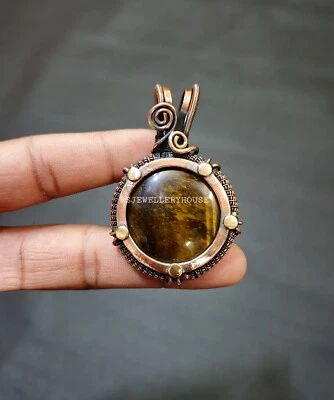 Colgante ojo de tigre colgante envuelto en alambre de cobre hecho a mano piedras preciosas colgante joyería Foto 1 de 4
