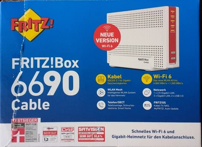 FRITZ!Box 6690 Cable Wi-Fi 6 Modem mit WLAN Router - Weiß  (Ohne Branding) - Bild 1 von 3