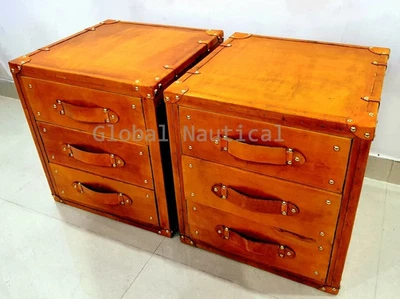 Pair of Finest Leather Trunk With 3 Draw Occasional Inspired Side Table Trunks - Image 1 of 4