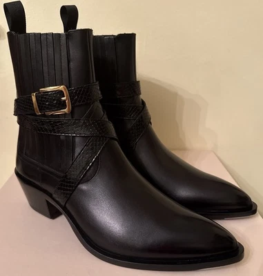 Bally Varen 6304660 Black Pointed Toe Leather Boots Booties Gold Buckle 8.5/41.5 - Image 1 of 4