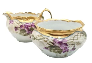 ATQ Milchkännchen & offene Zucker Moliere BRC handbemalte Veilchen mit Goldrand Bone China - Bild 1 von 16