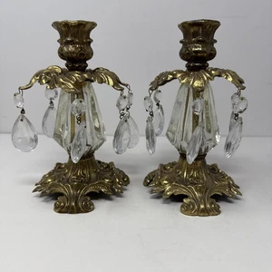 Vintage Brass & Glass Candlestick Holders Crystal Prisms 1973 Hollywood Regency - Picture 1 of 6