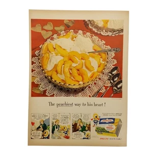 1950 Birds Eye Sliced Peaches Vintage Print Ad Peachiest Way To His Heart - Picture 1 of 2