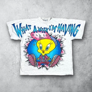 Vintage 90s Tweety Bird Looney Tunes All Over Print T-Shirt Gray Size Large - Picture 1 of 8