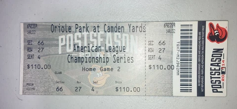 2014 Baltimore Orioles Vs ￼￼KC Royals  Game Day ticket Stub. ALCS Home Game 2 Cover