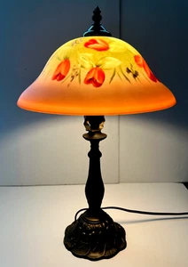 Stunning 18" Reverse Painted Brass Lamp TULIPS, Cottage Garden Finial Works ! - Picture 1 of 13